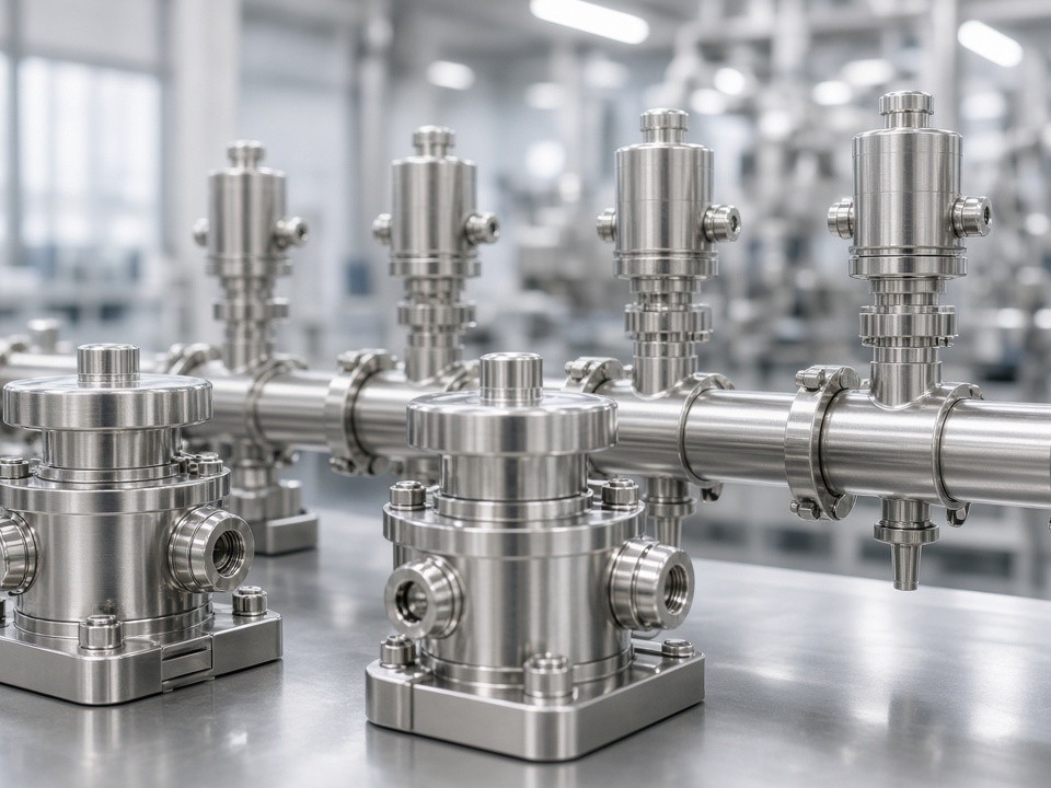 Füllventilkörper & Verteilerleisten aus Edelstahl – 4-Achs- und 5-Achs-CNC-Fertigung